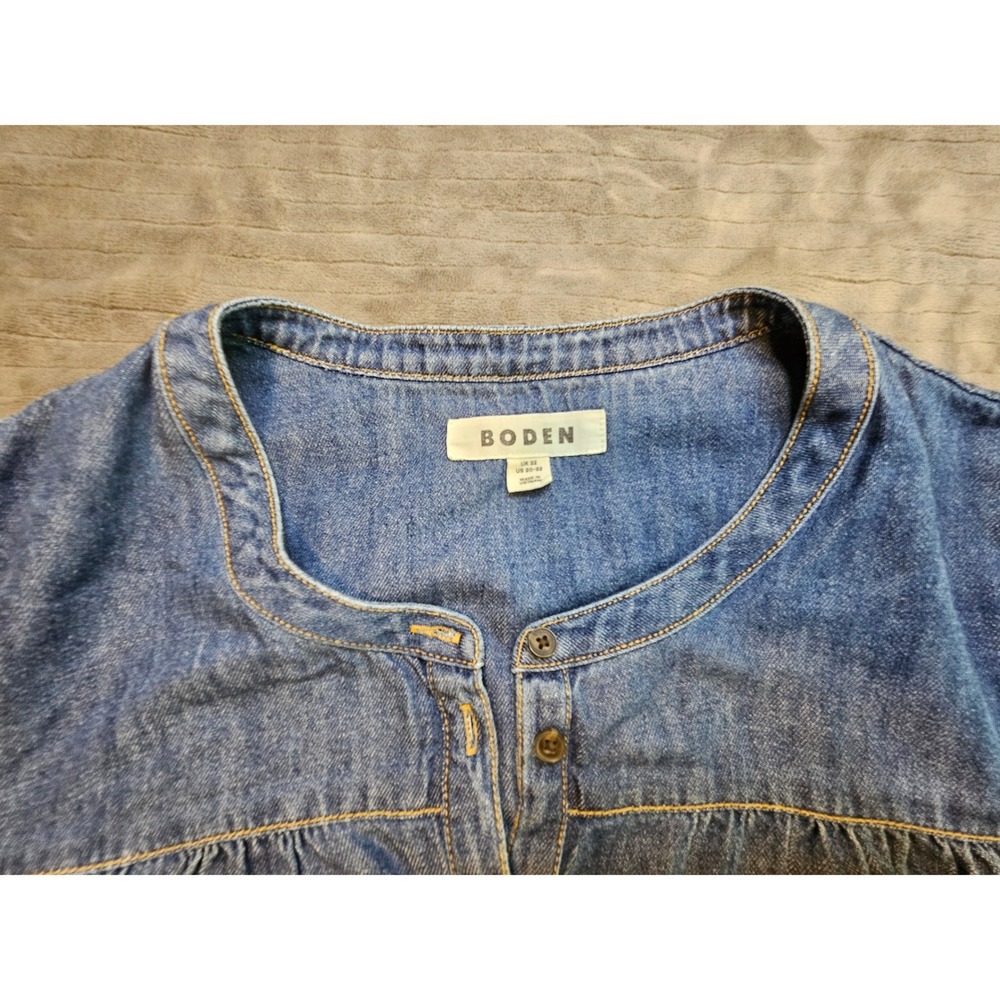 Boden Denim Blouse Medium Wash Puff Shoulder Button Front Top US 20-22